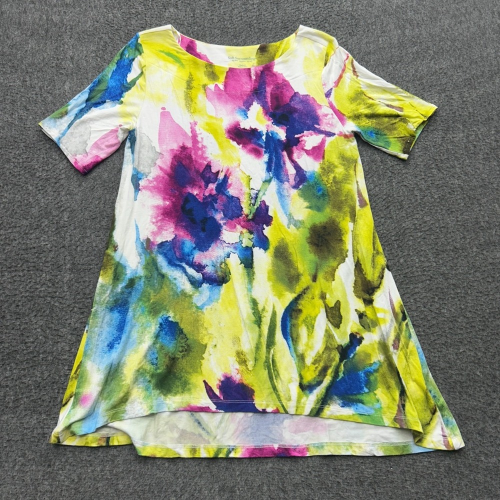 Soft Surroundings Shirt Tunic Medium Watercolor Floral Womens Lagenlook Dopamine